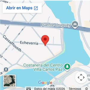 En el mapa de casa para 6 con pileta, a 5 cuadras del río y a unas 15 del centro de Carlos Paz